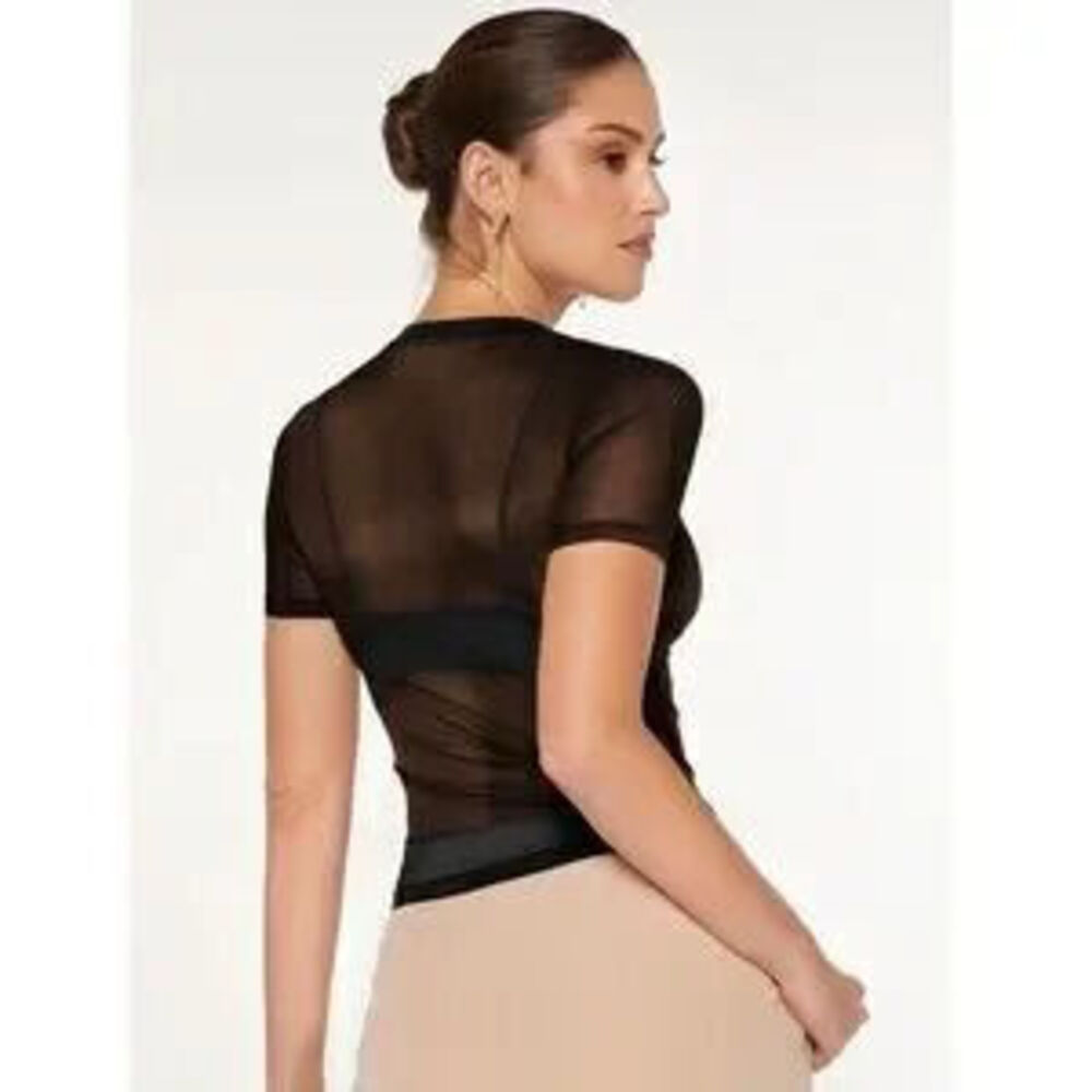 Black Short Sleeve Mesh Pullover Top Tee Shirt - Picture 3 of 5
